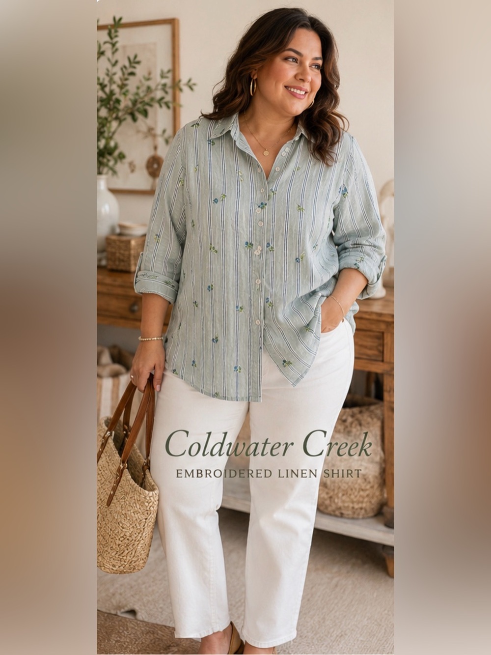 100% Linen Embroidered Floral Stripe Button Front Shirt M Coastal Cottage
